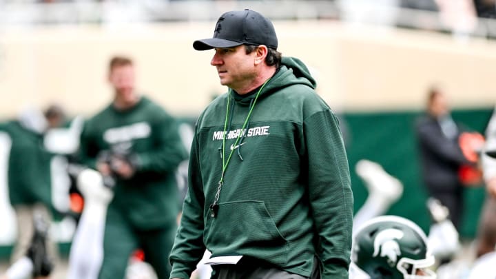 Michigan State head coach Jonathan Smith looks on during the Spring Showcase on Saturday, April 20, 2024, at Spartan Stadium in East Lansing.