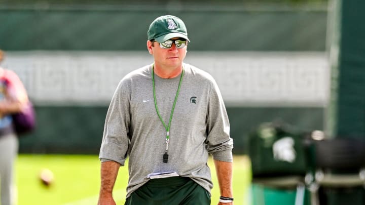 Michigan State's head coach Jonathan Smith looks on during the first day of football camp on Tuesday, July 30, 2024, in East Lansing.