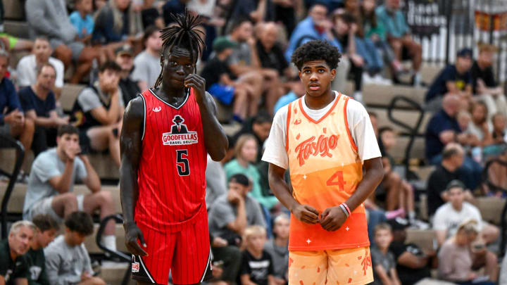 Michigan State freshmen Kur Teng, left, and Jase Richardson look on during their game against each other on Thursday, July 18, 2024, during the Moneyball Pro-Am at Holt High School.