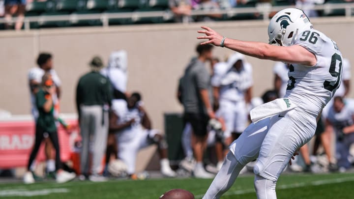 Ryan Eckley (96) punts the ball at the Spring Game at Spartan Stadium Saturday, April 15, 2023.

Spring Game 6