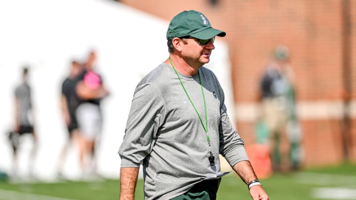 Michigan State's head coach Jonathan Smith looks on during the first day of football camp on Tuesday, July 30, 2024, in East Lansing.