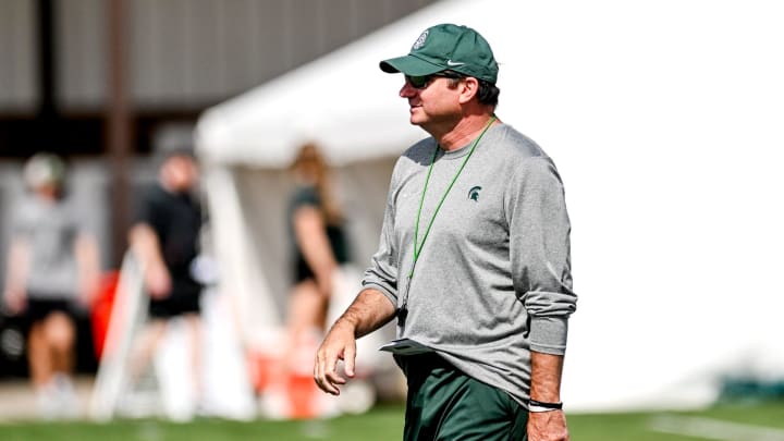 Michigan State's head coach Jonathan Smith watches over the action during the first day of football camp on Tuesday, July 30, 2024, in East Lansing.