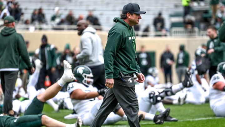 Michigan State's head coach Jonathan Smith looks on during the Spring Showcase on Saturday, April 20, 2024, at Spartan Stadium in East Lansing.