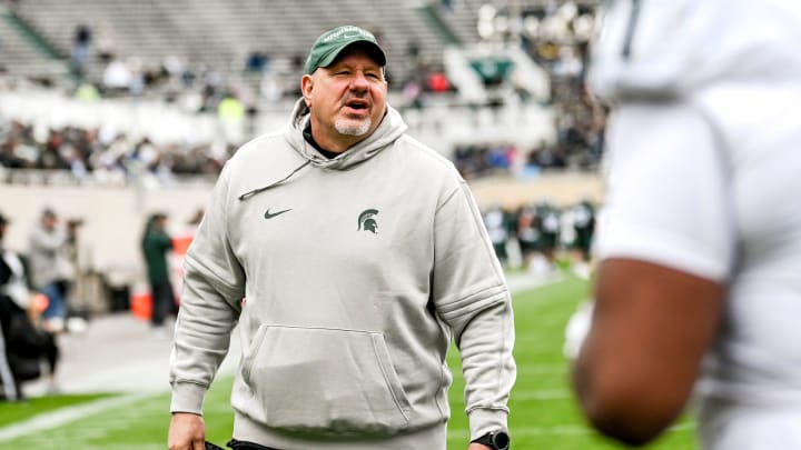 Michigan State offensive line coach Jim Michalczik works with players during the Spring Showcase on Saturday, April 20, 2024, at Spartan Stadium in East Lansing.