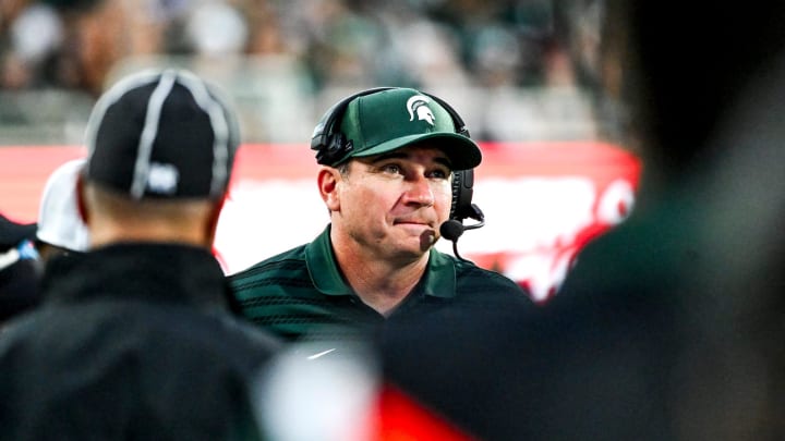 Michigan State's head coach Jonathan Smith looks on during the second quarter in the game against Florida Atlantic on Friday, Aug. 30, 2024, at Spartan Stadium in East Lansing.