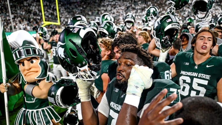 Michigan State celebrates after defeating Florida Atlantic on Friday, Aug. 30, 2024, at Spartan Stadium in East Lansing.