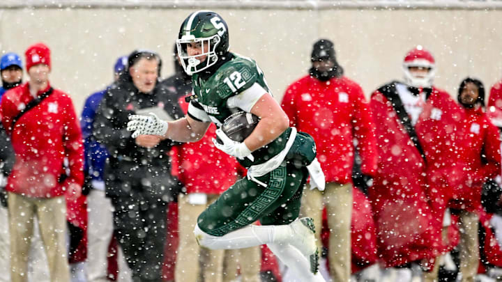 Michigan State's Jack Velling runs after a catch against Rutgers during the second quarter on Saturday, Nov. 30, 2024, at Spartan Stadium in East Lansing. Michigan State's Jack Velling runs after a catch against Rutgers during the second quarter on Saturday, Nov. 30, 2024, at Spartan Stadium in East Lansing.