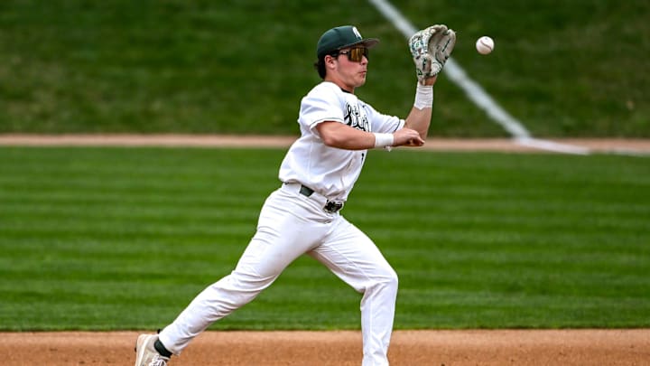 Michigan State's Ryan McKay fields a ball for an out against Ohio State during the fifth inning on Friday, April 18, 2025, at McLane Stadium in East Lansing. Michigan State's Ryan McKay fields a ball for an out against Ohio State during the fifth inning on Friday, April 18, 2025, at McLane Stadium in East Lansing.
