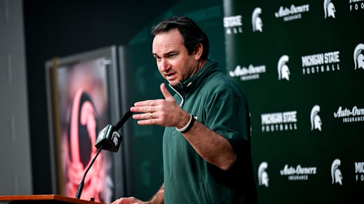 Michigan State coach Jonathan Smith talks the media on the first national signing day for college football recruits Wednesday, Dec. 4, 2024, at Spartan Stadium in East Lansing. Michigan State coach Jonathan Smith talks the media on the first national signing day for college football recruits Wednesday, Dec. 4, 2024, at Spartan Stadium in East Lansing.