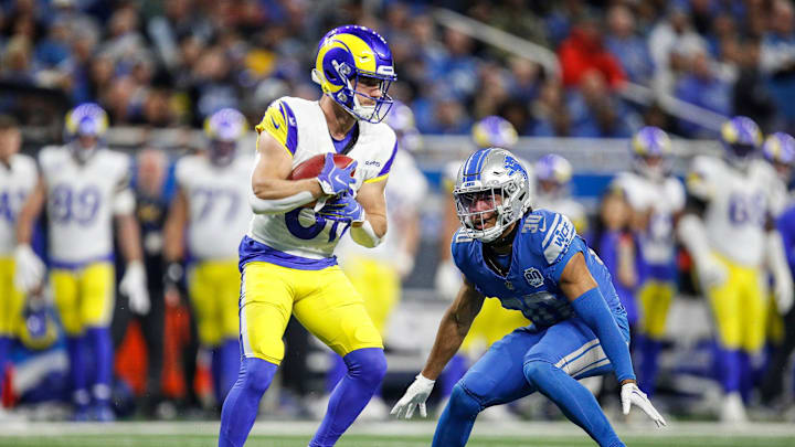 Detroit Lions cornerback Khalil Dorsey looks to tackle Rams punt returner Austin Trammell during the second half of the NFL wild-card playoff game at Ford Field in Detroit on Sunday, Jan. 14, 2024.