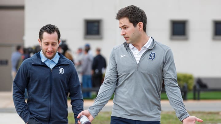 Detroit Tigers president of baseball operations Scott Harris, right, talks with general manager Jeff Greenberg.