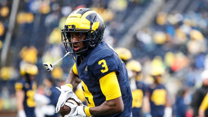 Michigan wide receiver Fredrick Moore (3) warms up before the Indiana game at Michigan Stadium in Ann Arbor on Saturday, Oct. 14, 2023.