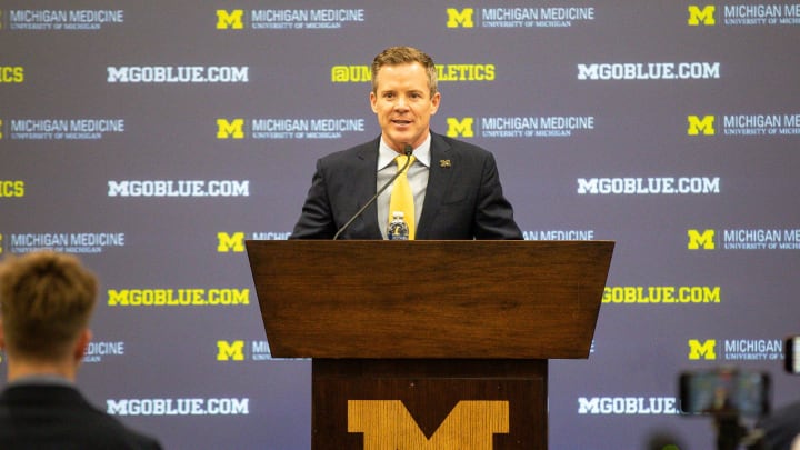 U-M's new men's basketball head coach Dusty May speaks during introductory press conference at Junge Family Champions Center in Ann Arbor on Tuesday, March 26, 2024.