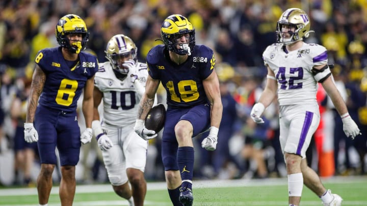 Michigan tight end Colston Loveland celebrates a play against Washington during the second half of U-M's 34-13 win in the College Football Playoff national championship game in Houston on Monday, Jan. 8, 2024.