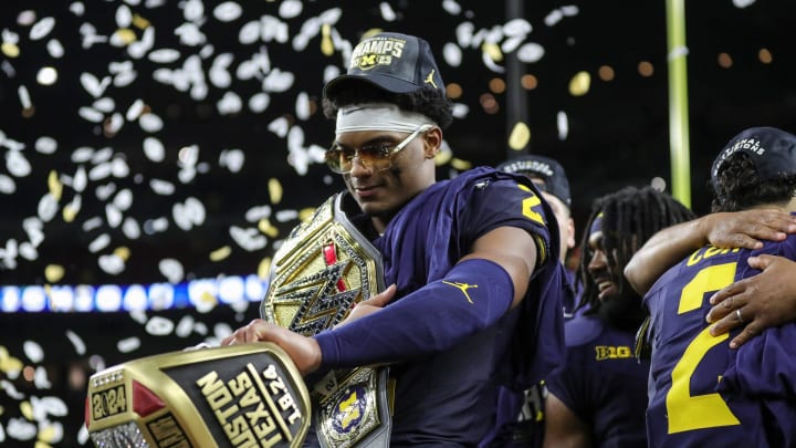 Michigan defensive back Will Johnson celebrate 34-13 win over Washington at the national championship game at NRG Stadium in Houston on Monday, Jan. 8, 2024.