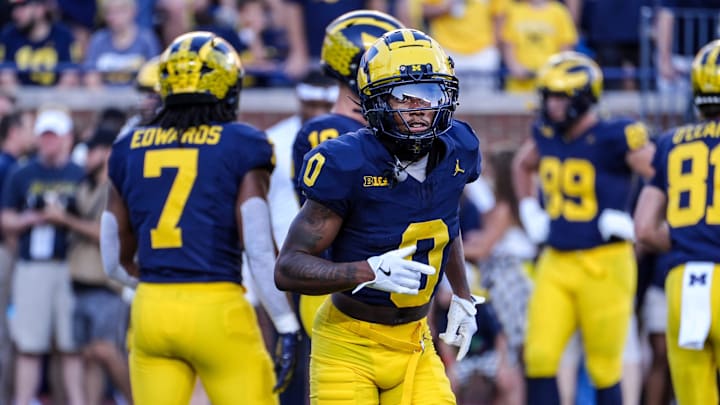 Michigan wide receiver Semaj Morgan (0) before the start of the game against Fresno State at Michigan Stadium in Ann Arbor on Saturday, Aug. 31, 2024.