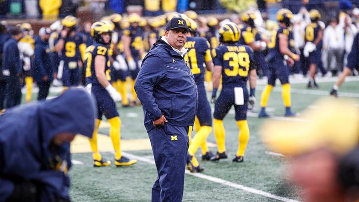 Michigan athletic director Warde Manuel watches warmups before the Indiana game at Michigan Stadium in Ann Arbor on Saturday, Oct. 14, 2023.