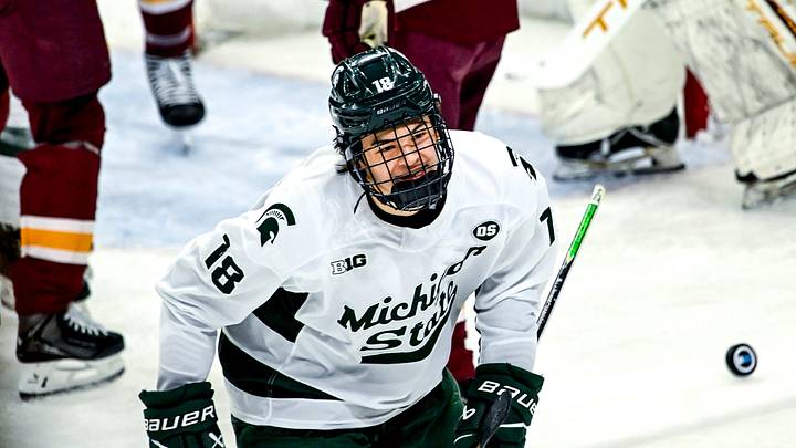 Michigan State's Ryker Lee celebrates his goal against Minnesota during the first period on Friday, Jan. 23, 2026, at Munn Ice Arena in East Lansing.
