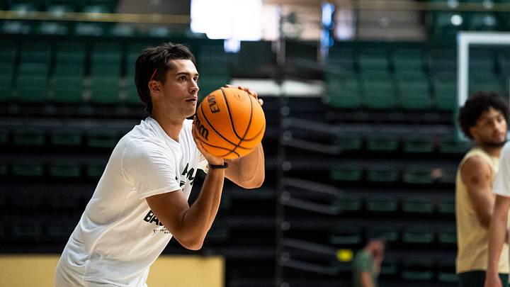 Colorado State men's basketball player Justin Menard shoots during a practice at Moby Arena on July 22, 2026, in Fort Collins, Colo.