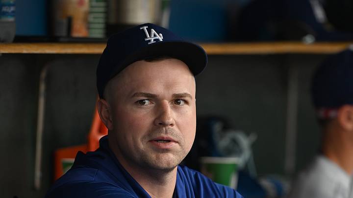 Aug 30, 2026; Detroit, Michigan, USA;  Los Angeles Dodgers pitcher Tarik Skubal (29) talks with teammates in the dugout during the fourth inning of their game against the Detroit Tigers at Comerica Park.  Mandatory Credit: Lon Horwedel-Imagn Images