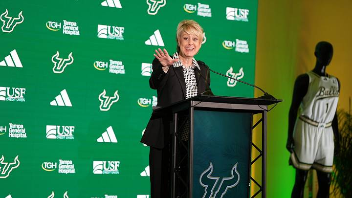 USF head women's basketball coach Kristy Curry speaking to the media. 