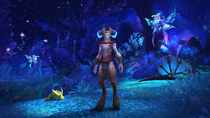 A human-like creature with goat feedt and horns in a magical blue forest.