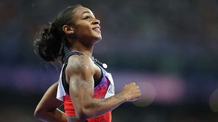 American sprinter Sha'Carri Richardson finishes in second place in the women's 100-meter final at the Paris Olympics.