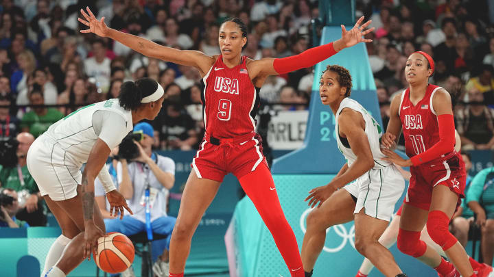 A'ja Wilson defends for the United States in its 88–74 win over Nigeria in the Olympic women's basketball quarterfinals on Aug. 7, 2024.