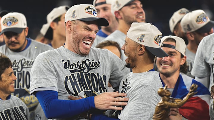 Freddie Freeman and Mookie Betts celebrate winning a second straight World Series title for the Dodgers. Freddie Freeman and Mookie Betts celebrate winning a second straight World Series title for the Dodgers.