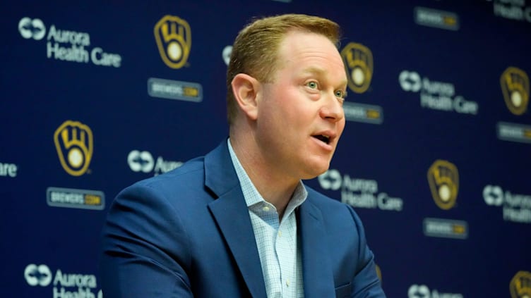 Senior Vice President and General Manager Matt Arnold speaks during an an end of season press conference at American Family Field in Milwaukee on Tuesday, Oct. 10, 2023.