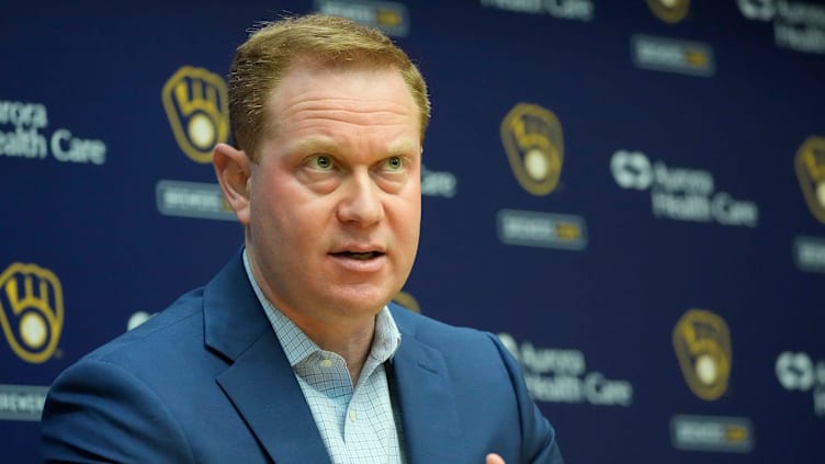 Senior Vice President and General Manager Matt Arnold speaks during an an end of season press conference at American Family Field in Milwaukee on Tuesday, Oct. 10, 2023.