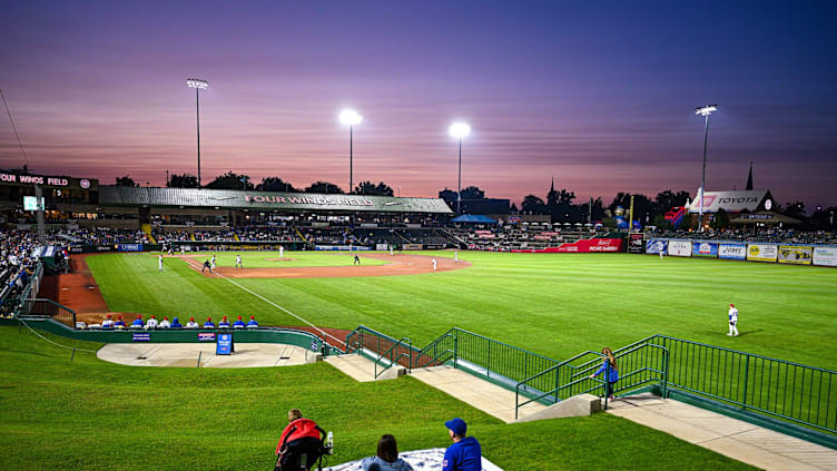 The sun sets behind Four Winds Field during the South Bend Cubs 2-1 win over the Cedar Rapids