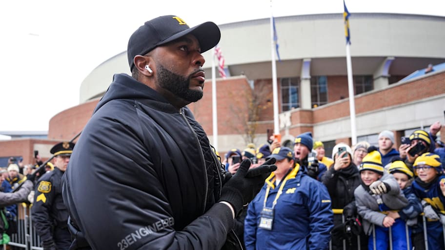 Michigan coach Sherrone Moore arrives at Michigan Stadium in Ann Arbor ahead of the 2025 Ohio State game.
