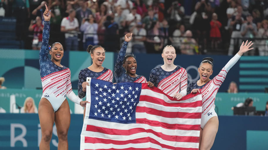 U.S. women’s gymnastics celebrates gold medal at 2024 Paris Olympics.