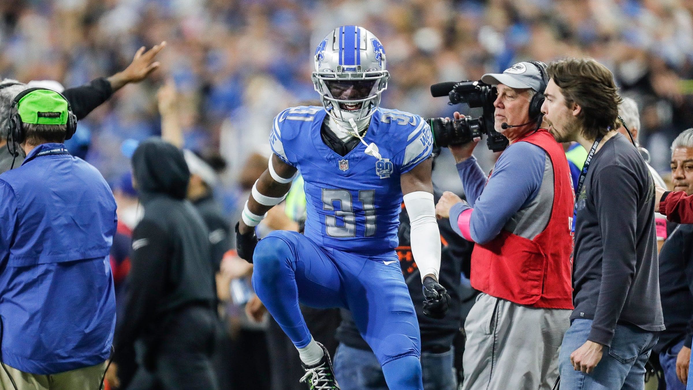 Jan 21, 2024; Detroit, Michigan, USA; Detroit Lions safety Kerby Joseph (31) celebrates a play.