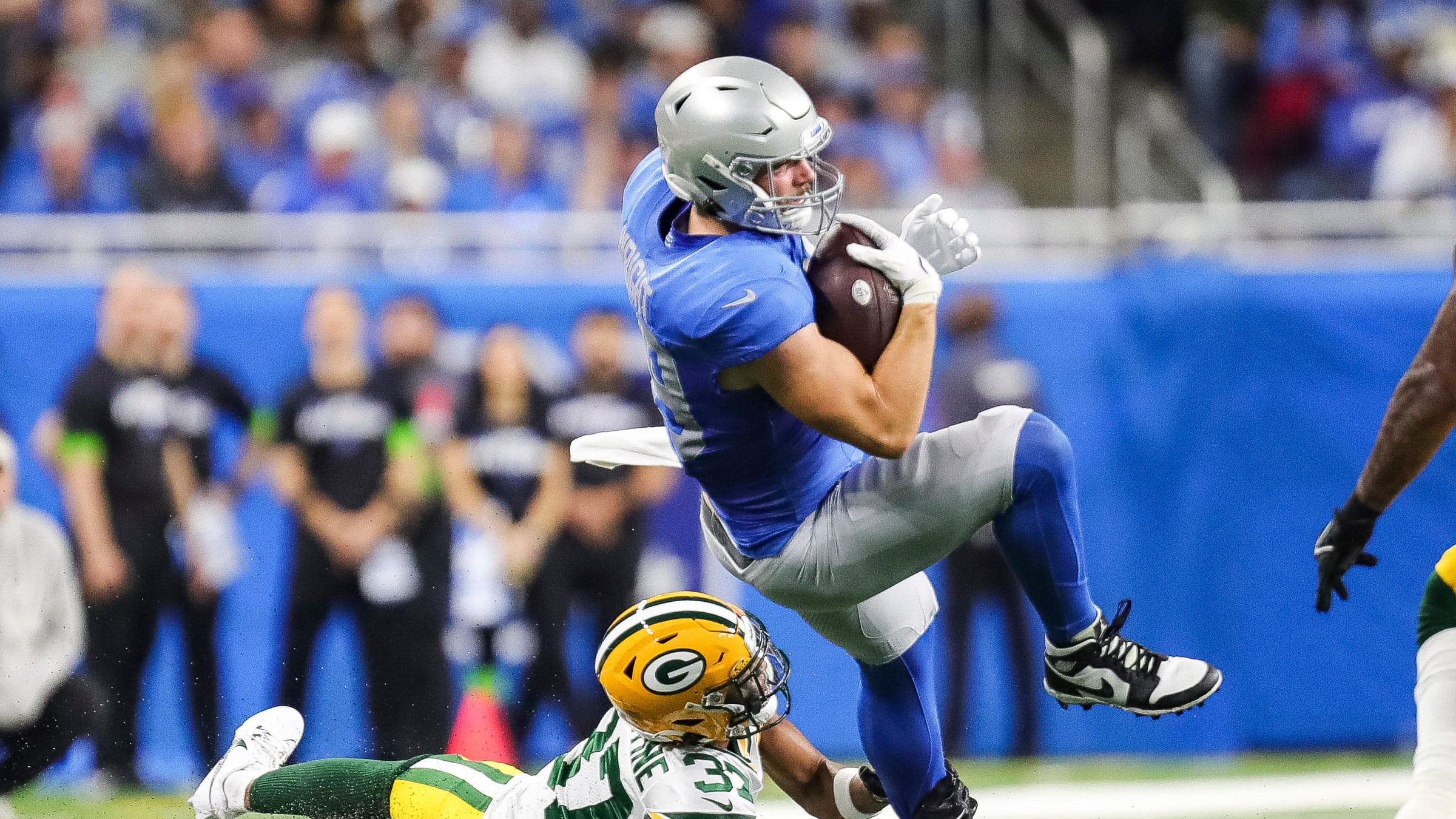 Detroit Lions tight end Brock Wright (89) makes a catch against the Green Bay Packers.
