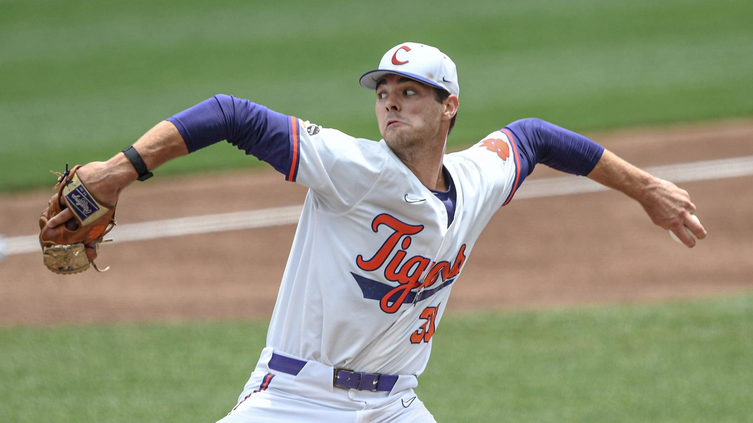 Clemson junior Caden Grice (31) pitches to University of North Carolina during the top of the first.