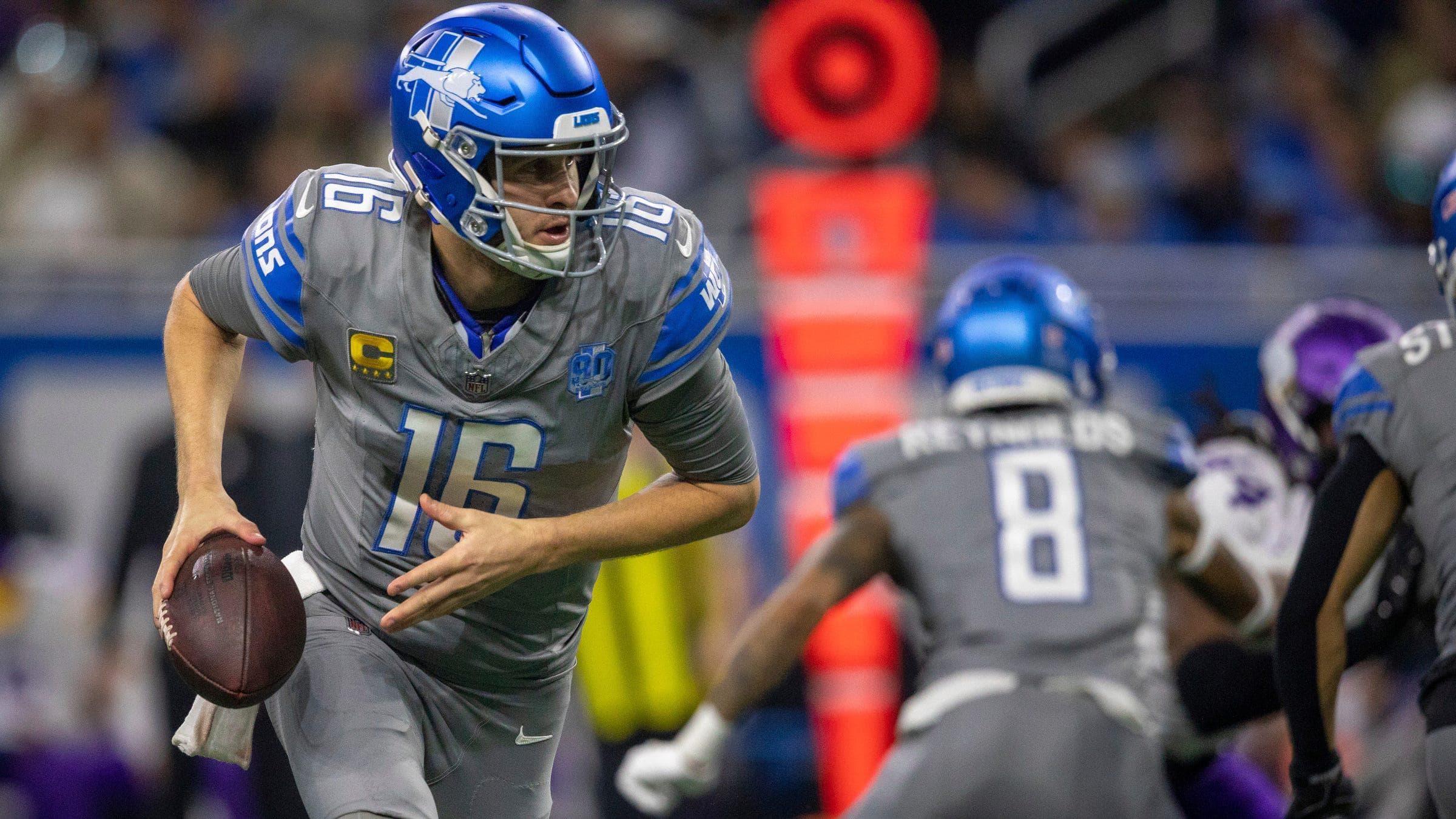 Detroit Lions quarterback Jared Goff scrambles during a play against the Minnesota Vikings at Ford Field.