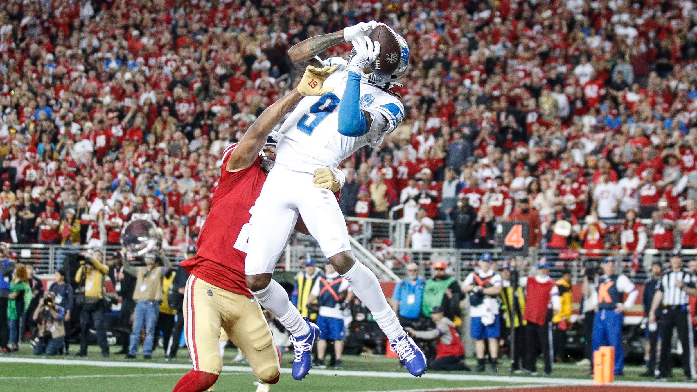 Lions wide receiver Jameson Williams makes a catch for a touchdown.