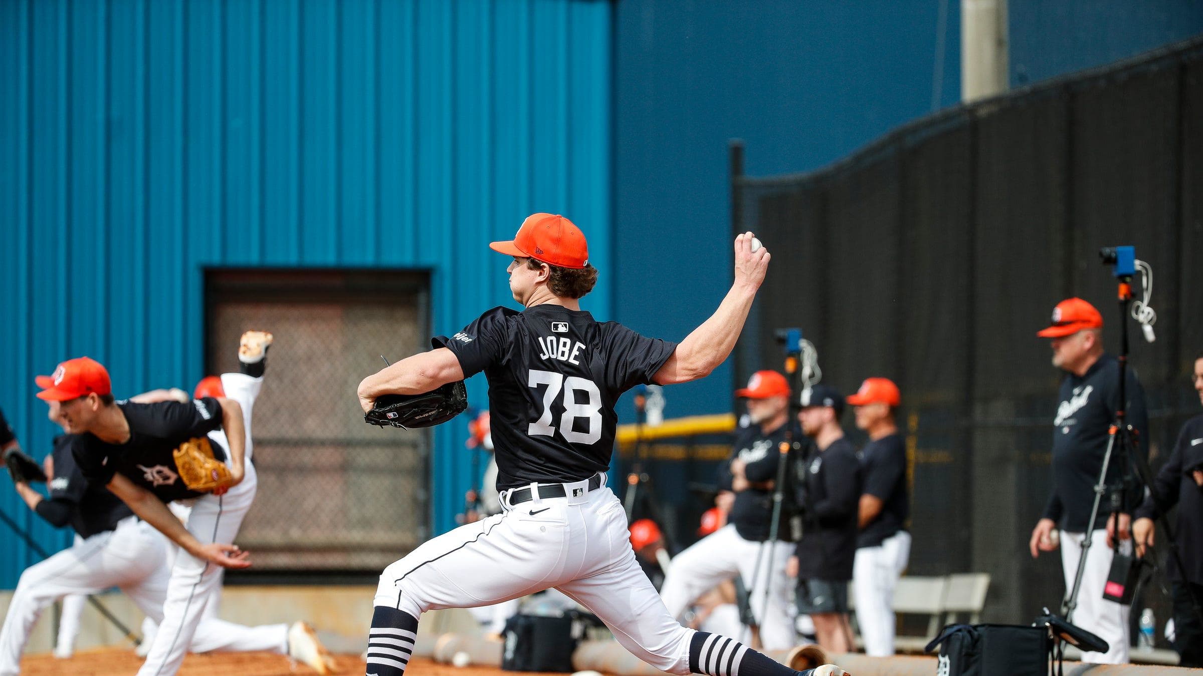 Detroit Tigers pitcher Jackson Jobe throws during spring training at TigerTown in Lakeland, Florida.