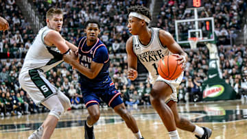 Michigan State's Jeremy Fears Jr. moves the ball against Florida Atlantic during the first half on Saturday, Dec. 21, 2024, in East Lansing.