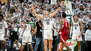 Michigan State's Carson Cooper celebrates as the Spartans secure a win over Arkansas during the second half on Saturday, Nov. 8, 2025, at the Breslin Center in East Lansing.