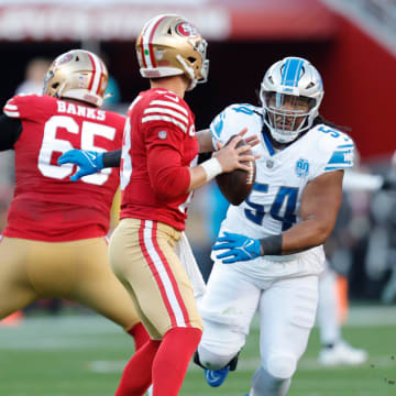 Lions defensive tackle Alim McNeill runs after 49ers quarterback Brock Purdy in the first quarter of the NFC championship game at Levi's Stadium in Santa Clara, California, on Sunday, Jan. 28, 2024.