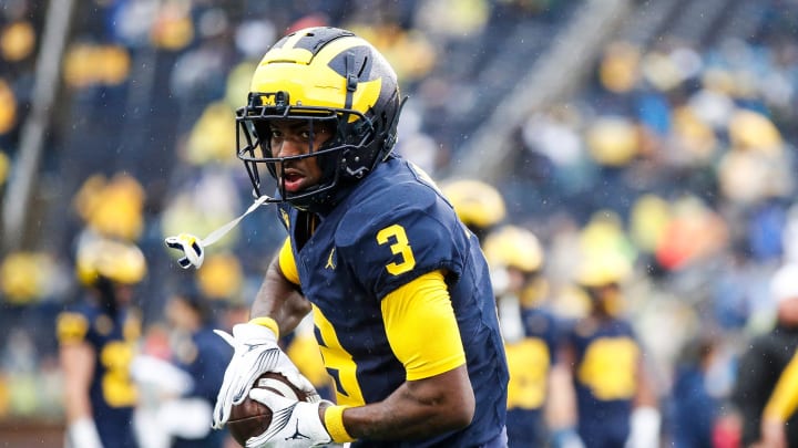 Michigan wide receiver Fredrick Moore (3) warms up before the Indiana game at Michigan Stadium in Ann Arbor on Saturday, Oct. 14, 2023.