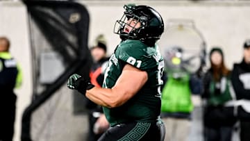 Michigan State's Alex VanSumeren celebrates after a sack against Purdue during the second quarter on Friday, Nov. 22, 2024, at Spartan Stadium in East Lansing.