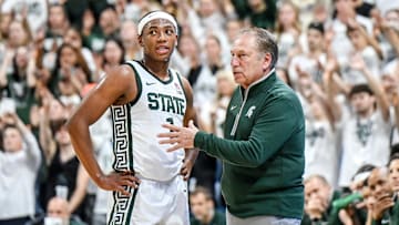 Michigan State's coach Tom Izzo, right, talks with Jeremy Fears Jr. during the first half against Colgate on Monday, Nov. 3, 2025, at the Breslin Center in East Lansing.