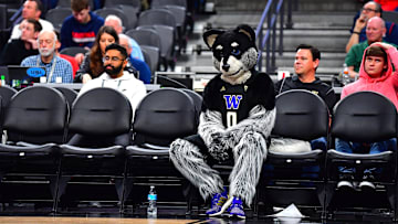 Mar 14, 2020; Las Vegas, Nevada, USA; Washington Huskies mascot Harry the Husky sits in a row of empty chairs on the floor during the second half of an NCAA tournament game between the Huskies and the Arizona Wildcats at Mobile Arena. Mandatory Credit: Stephen R. Sylvanie-Imagn Images
