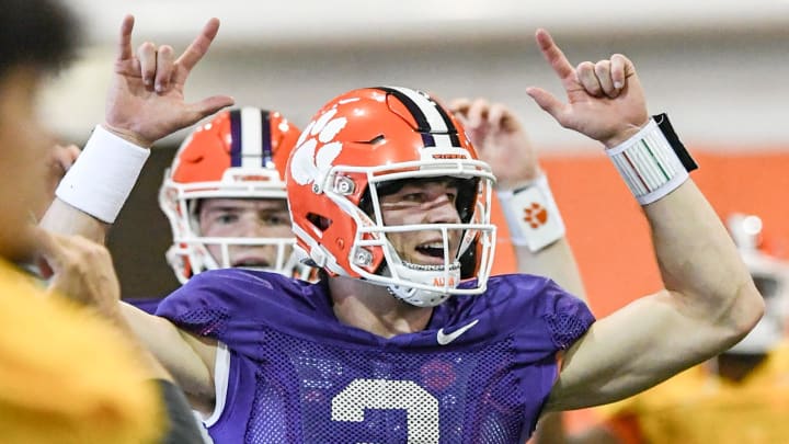 Clemson quarterback Cade Klubnik (2) warms up during Spring football practice at the Poe Indoor Practice Facility at the Allen N. Reeves football complex in Clemson S.C. Monday, March 4, 2024.