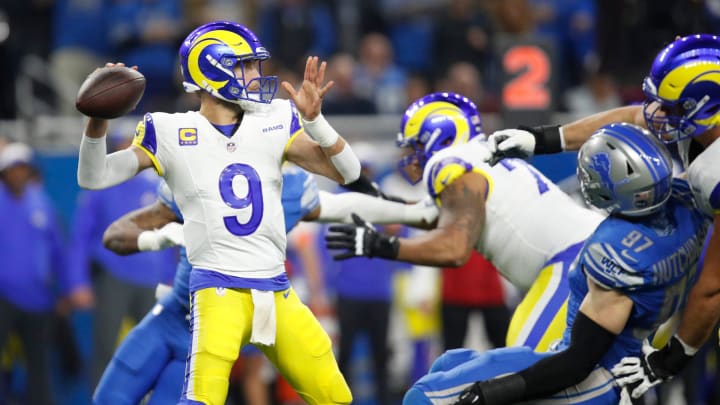 L.A. Rams quarterback Matthew Stafford looks to throw the ball in the first half against the Detroit Lions at Ford Field in Detroit on Sunday, Jan. 14, 2024.