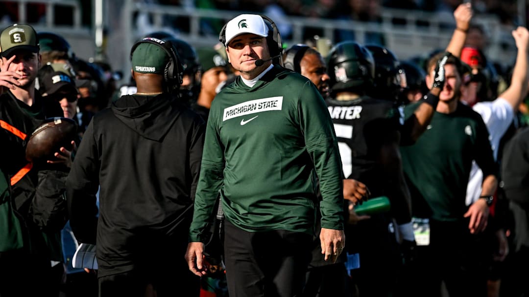 Michigan State's head coach Jonathan Smith looks on form the sideline during the first quarter in the game against Indiana on Saturday, Nov. 2, 2024, at Spartan Stadium in East Lansing.